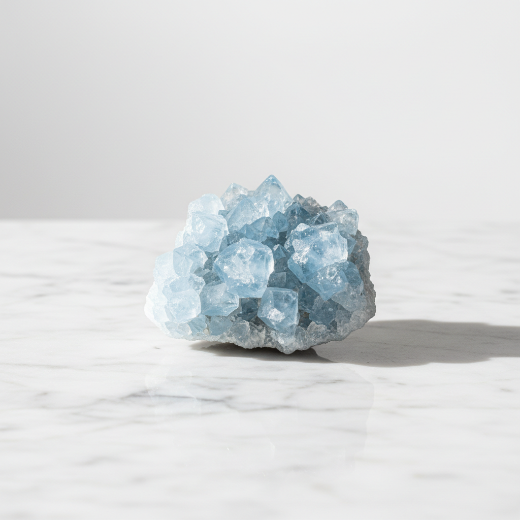 Natural Celestite sky-blue cluster on white marble – Horocosmo