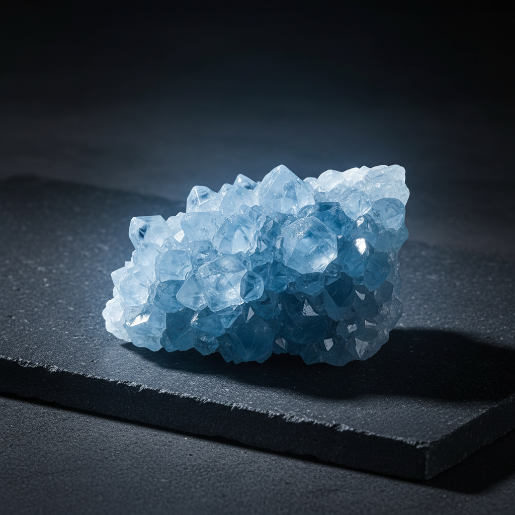 Natural Celestite sky-blue cluster with glow on dark background – Horocosmo