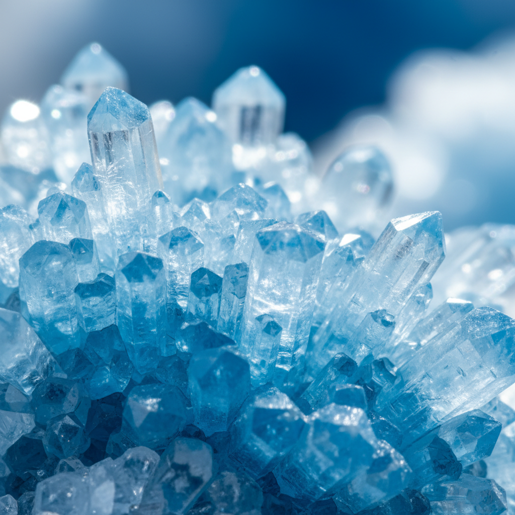 Macro of natural Celestite showing sky-blue crystal points – Horocosmo