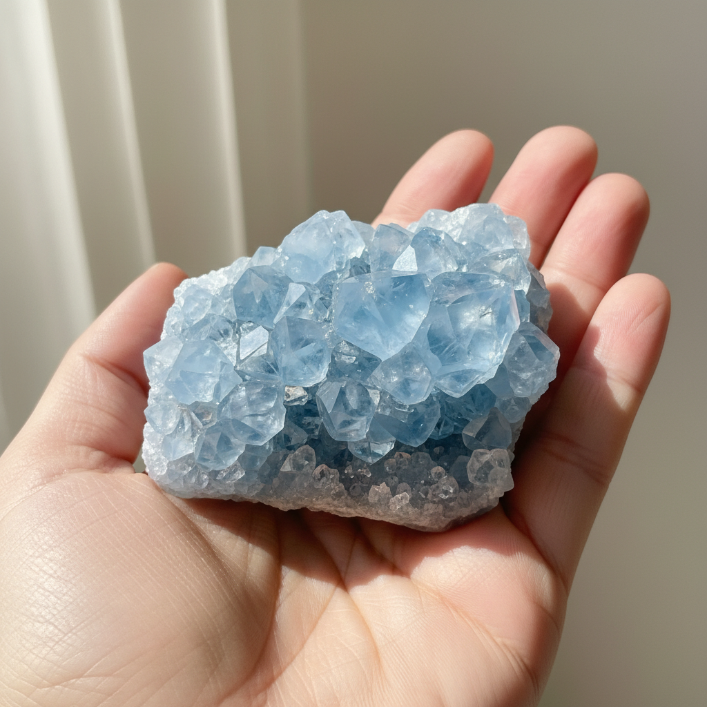 Natural Celestite sky-blue cluster held in palm for scale – Horocosmo