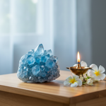 Celestite cluster on a prayer altar with white flowers – Horocosmo