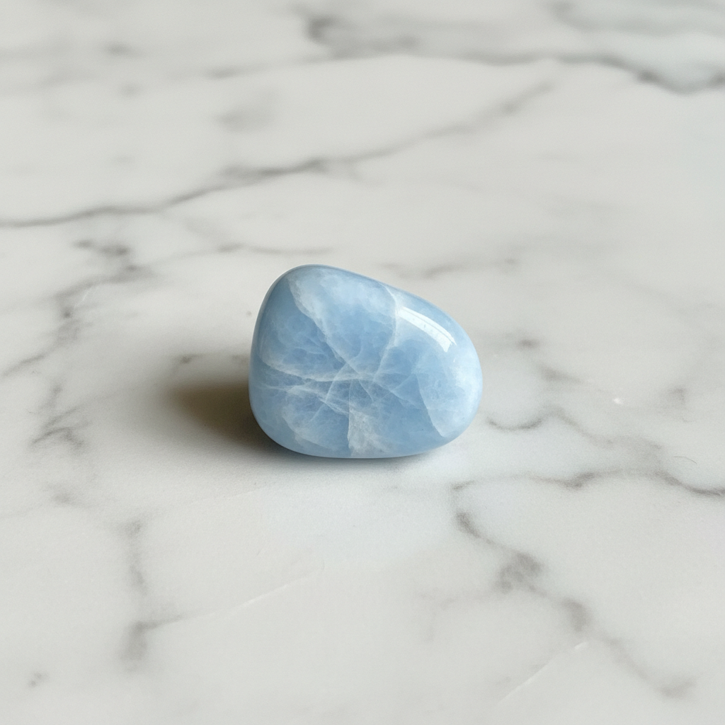 Natural Angelite pale blue stone on white marble – Horocosmo