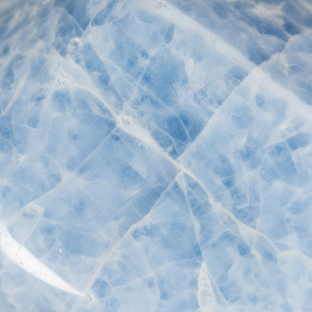 Macro of natural Angelite showing pale blue colour and white veining – Horocosmo