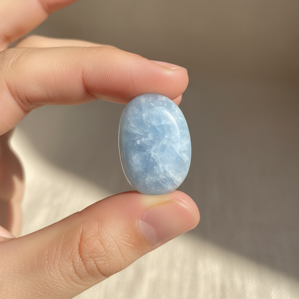 Natural Angelite pale blue stone held in hand for scale – Horocosmo