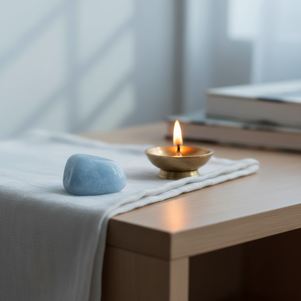 Angelite stone on a calm bedside with brass diya – Horocosmo