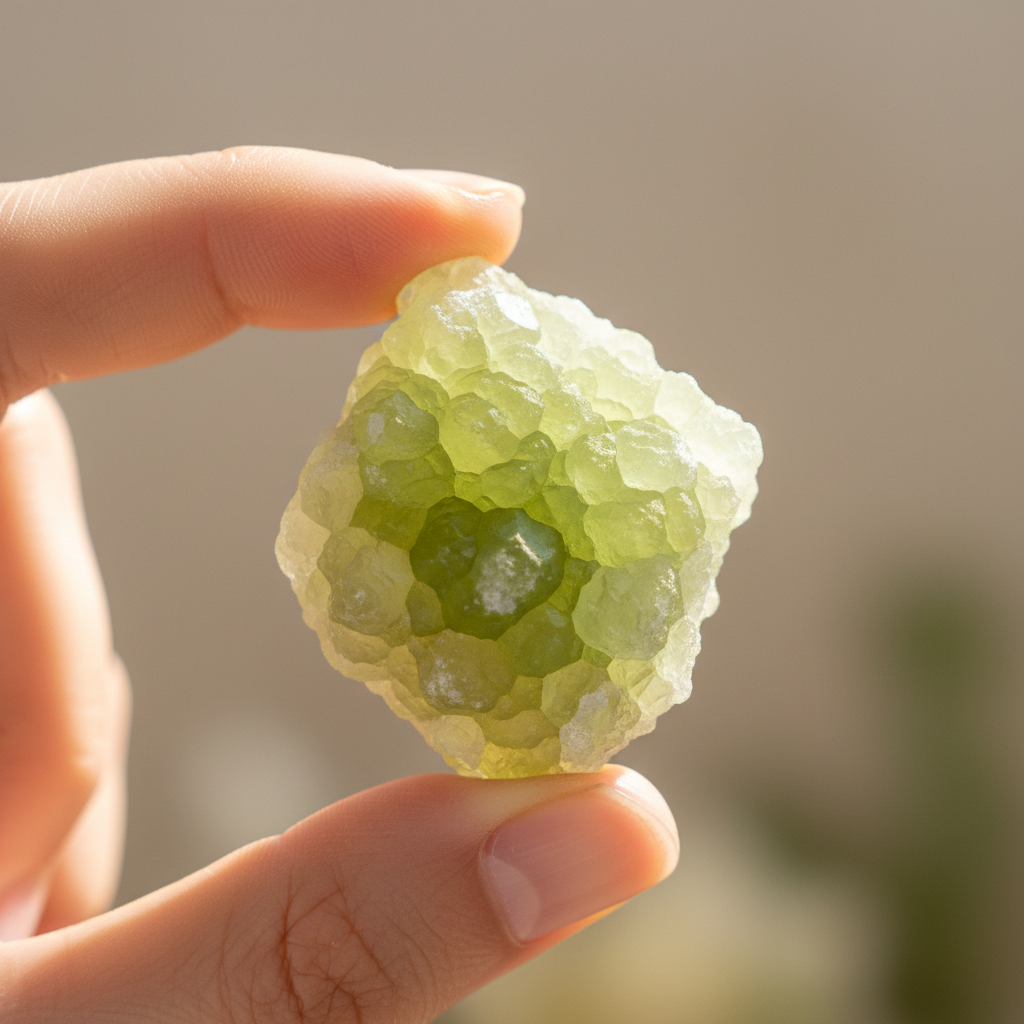Natural Prehnite yellow-green stone held in hand for scale – Horocosmo