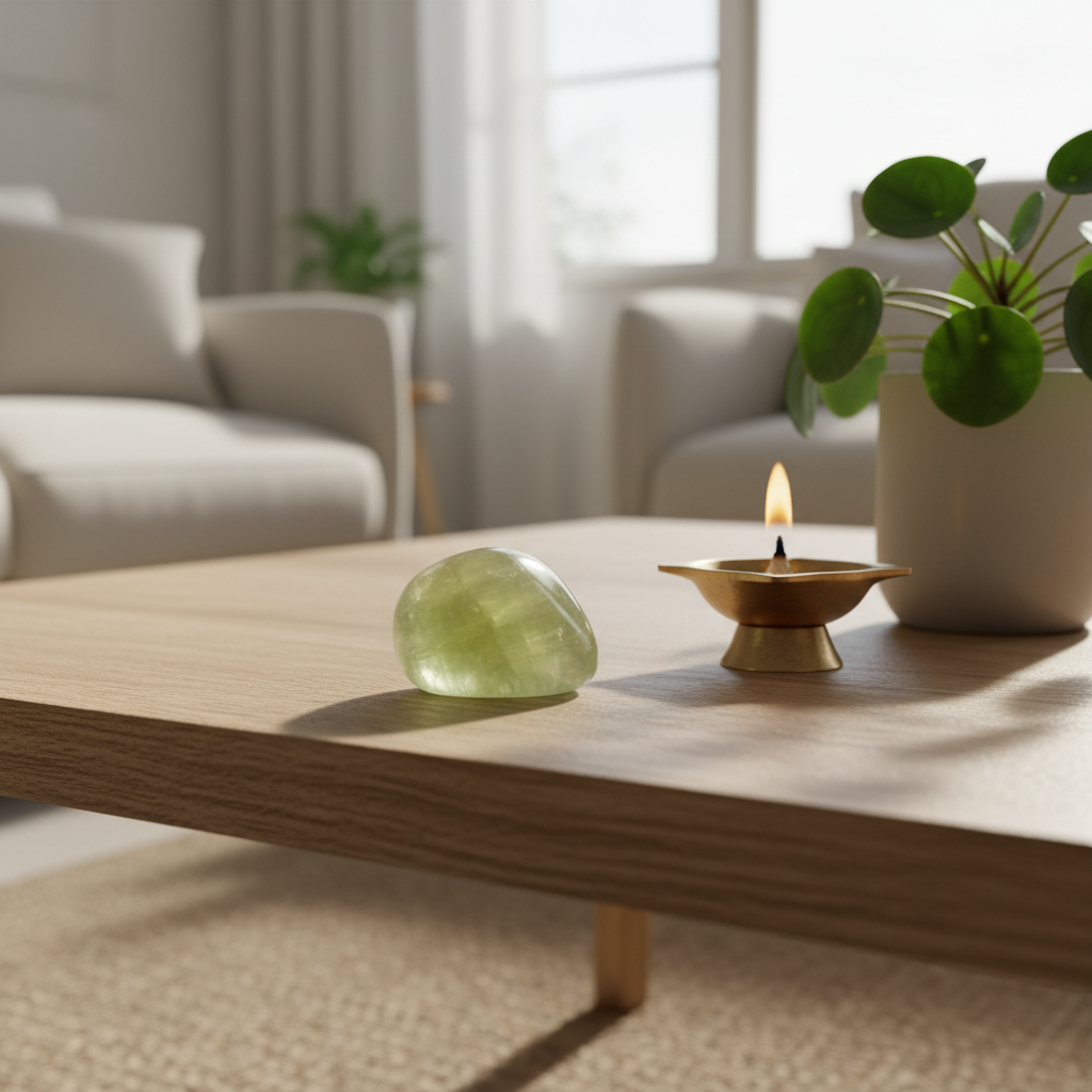 Prehnite stone in a fresh living space with brass diya – Horocosmo