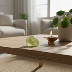 Prehnite stone in a fresh living space with brass diya – Horocosmo