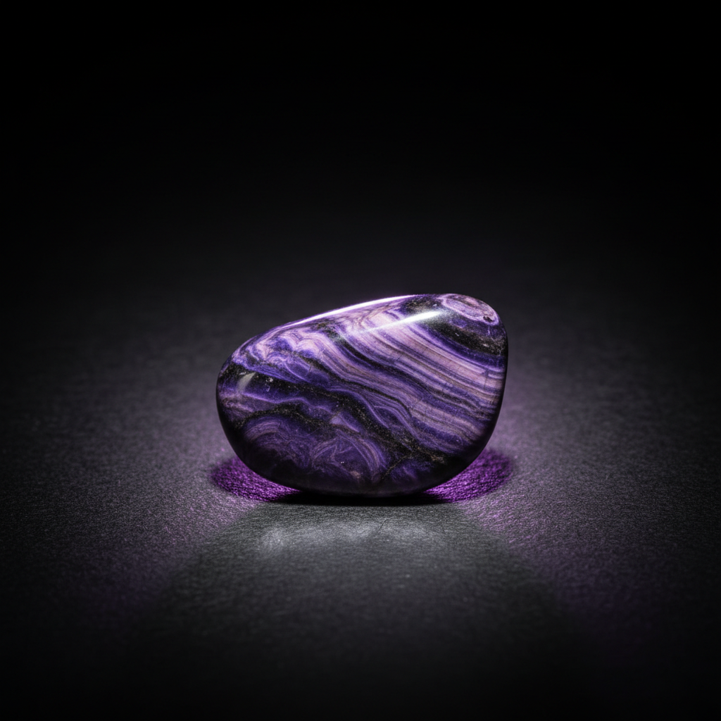 Natural Charoite swirling violet stone with glow on dark background – Horocosmo