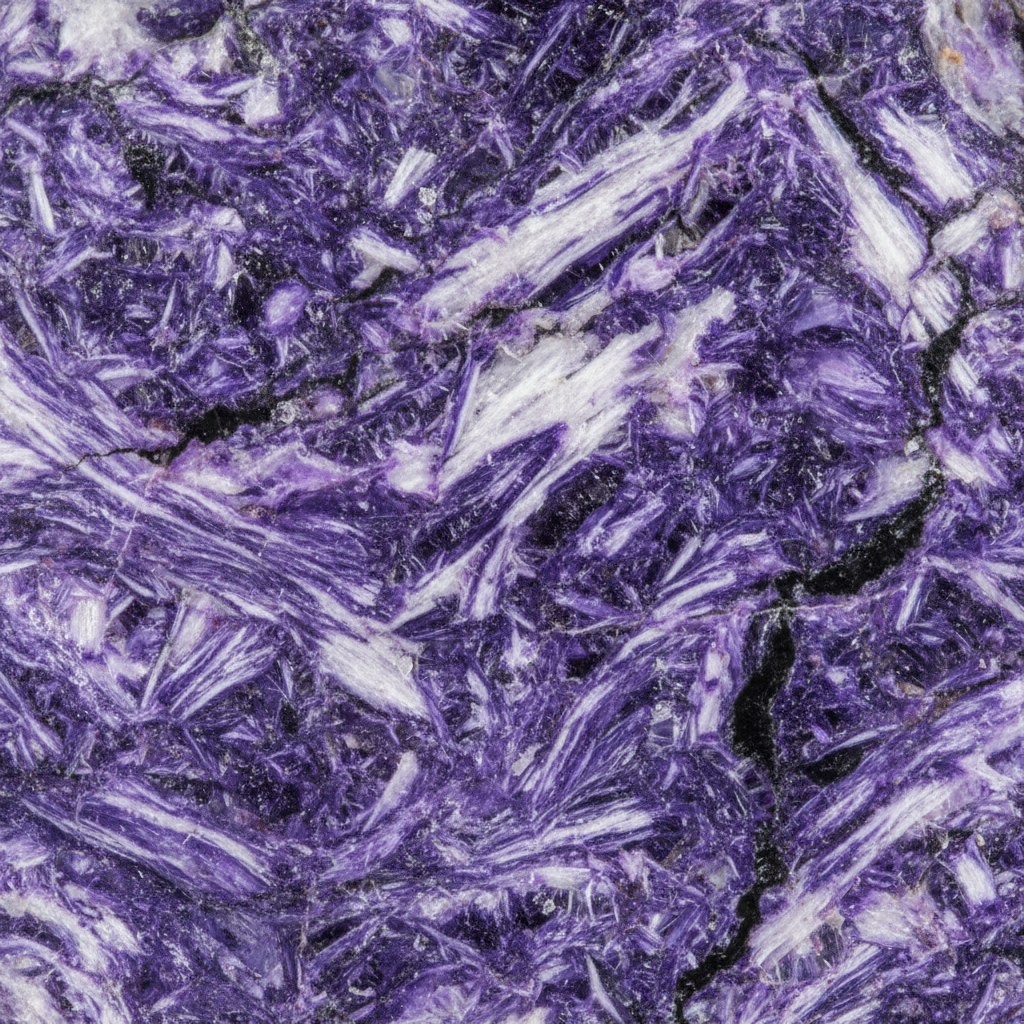 Macro of natural Charoite showing swirling violet fibrous patterning – Horocosmo