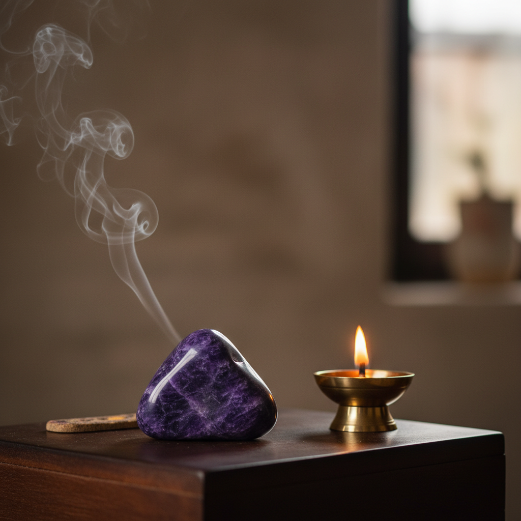 Charoite stone on a dark meditation altar with incense – Horocosmo