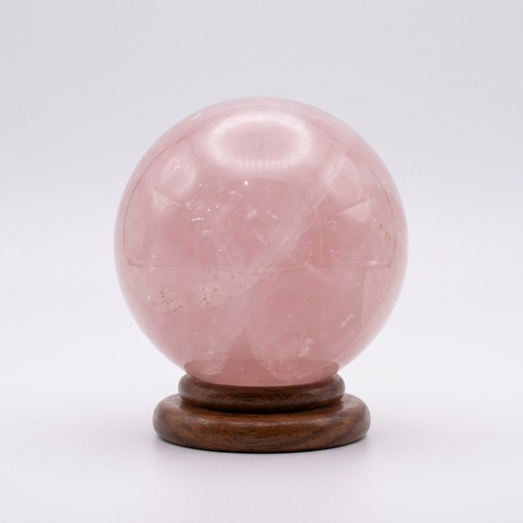 Natural Rose Quartz crystal sphere on wooden stand – representative image; each natural stone varies slightly in pattern and shade