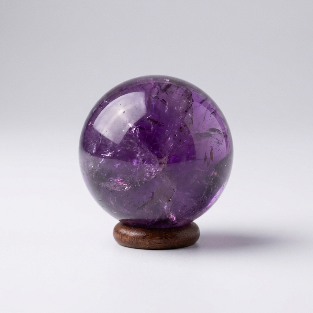 Natural Amethyst crystal sphere on wooden stand – representative image; each natural stone varies slightly in pattern and shade