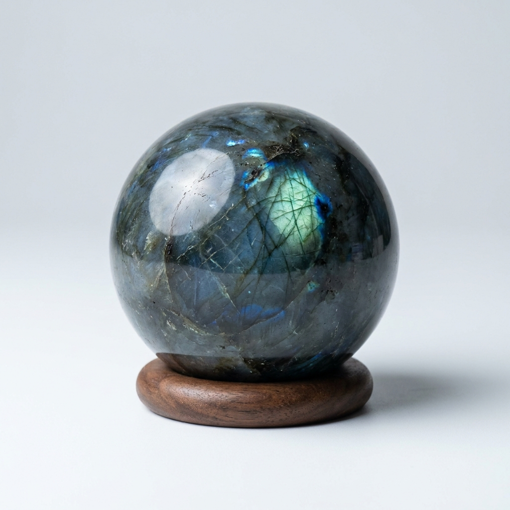 Natural Labradorite crystal sphere on wooden stand – representative image; flash and pattern vary on each natural stone