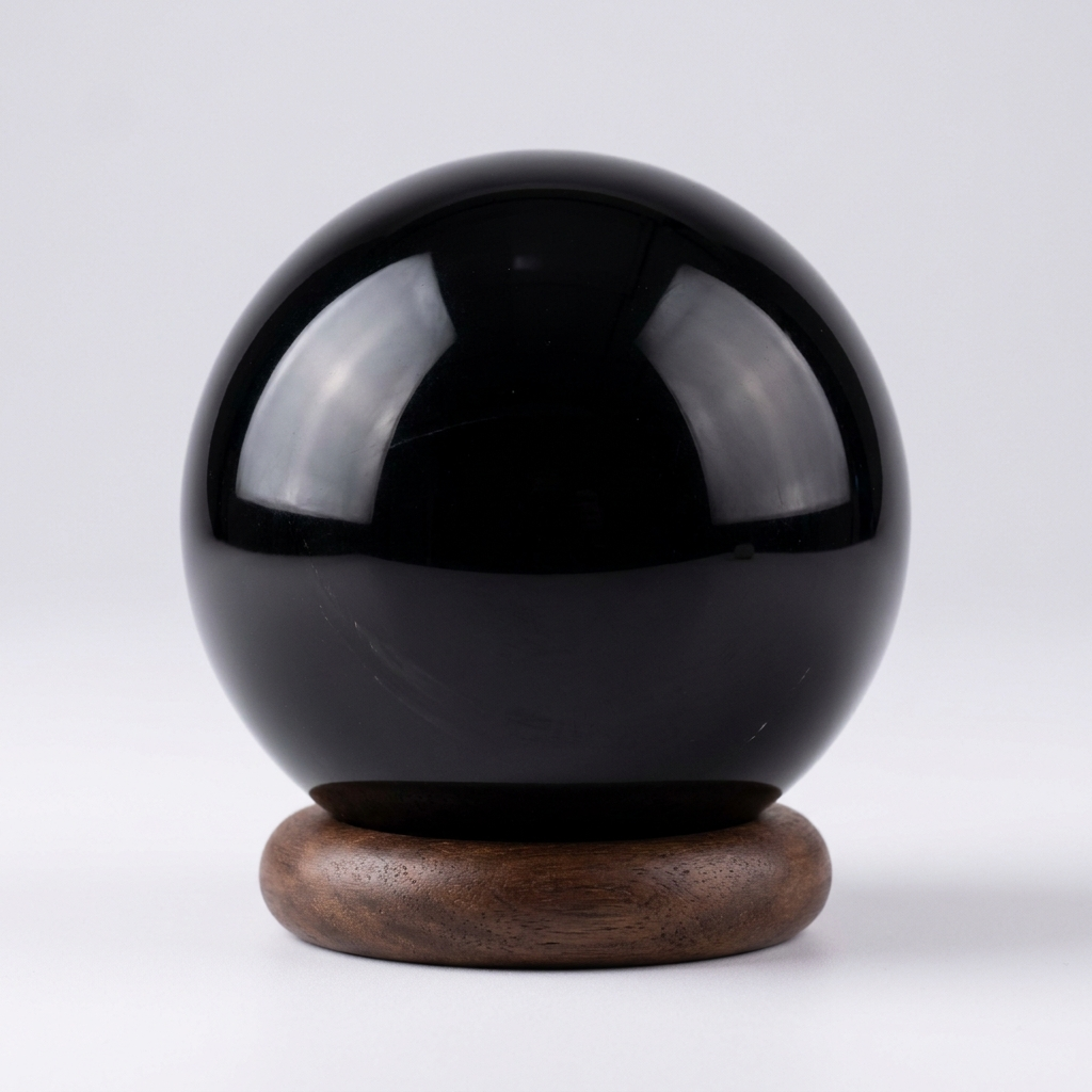Natural Black Obsidian crystal sphere on wooden stand – representative image; swirl and sheen vary on each natural stone