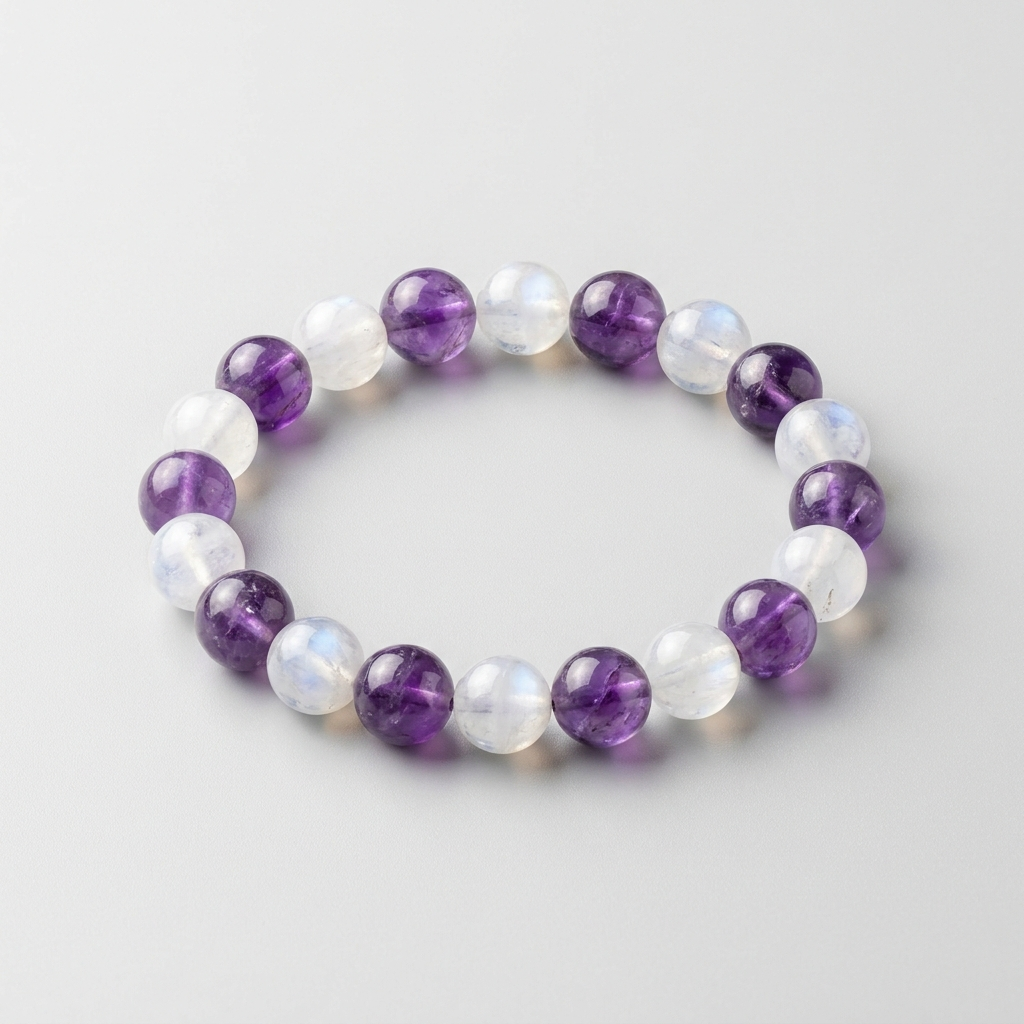 Amethyst and moonstone sleep bracelet – representative image; natural stones vary slightly in shade