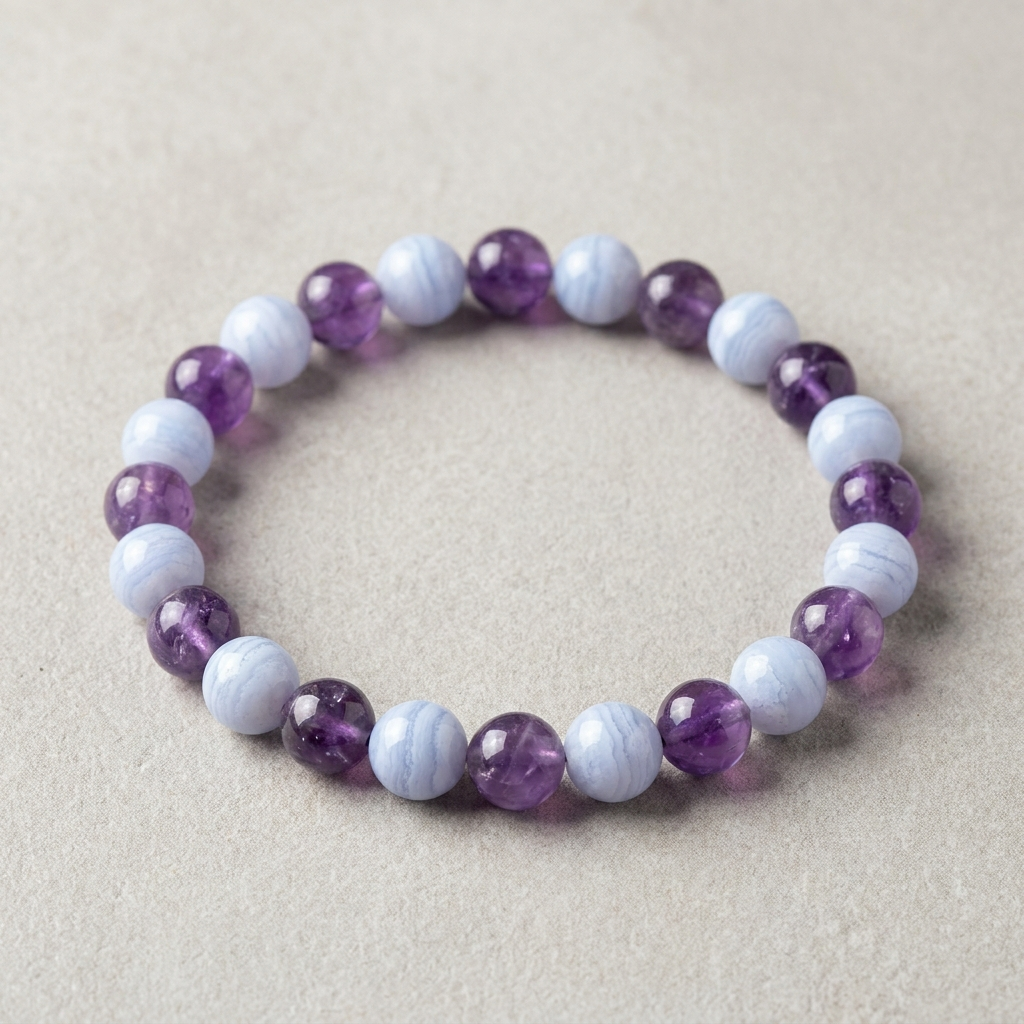 Blue lace agate and amethyst bracelet – representative image; natural stones vary slightly in shade