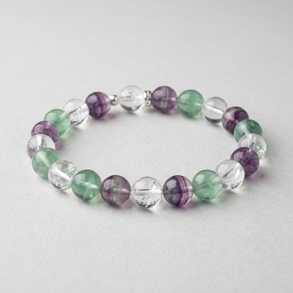 Clear quartz and fluorite focus bracelet – representative image; natural stones vary slightly in shade