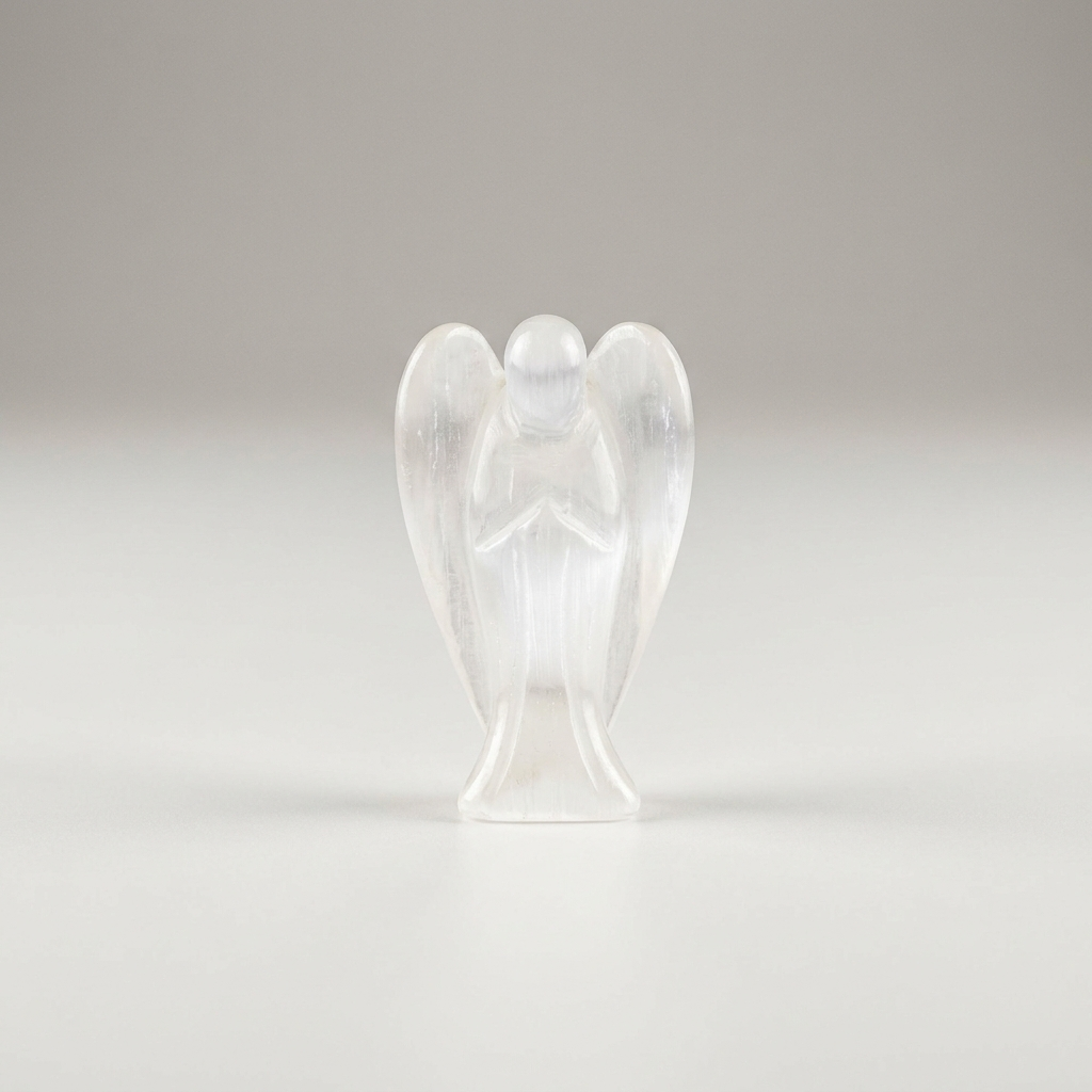Carved selenite crystal angel – representative image; each natural stone varies slightly in pattern