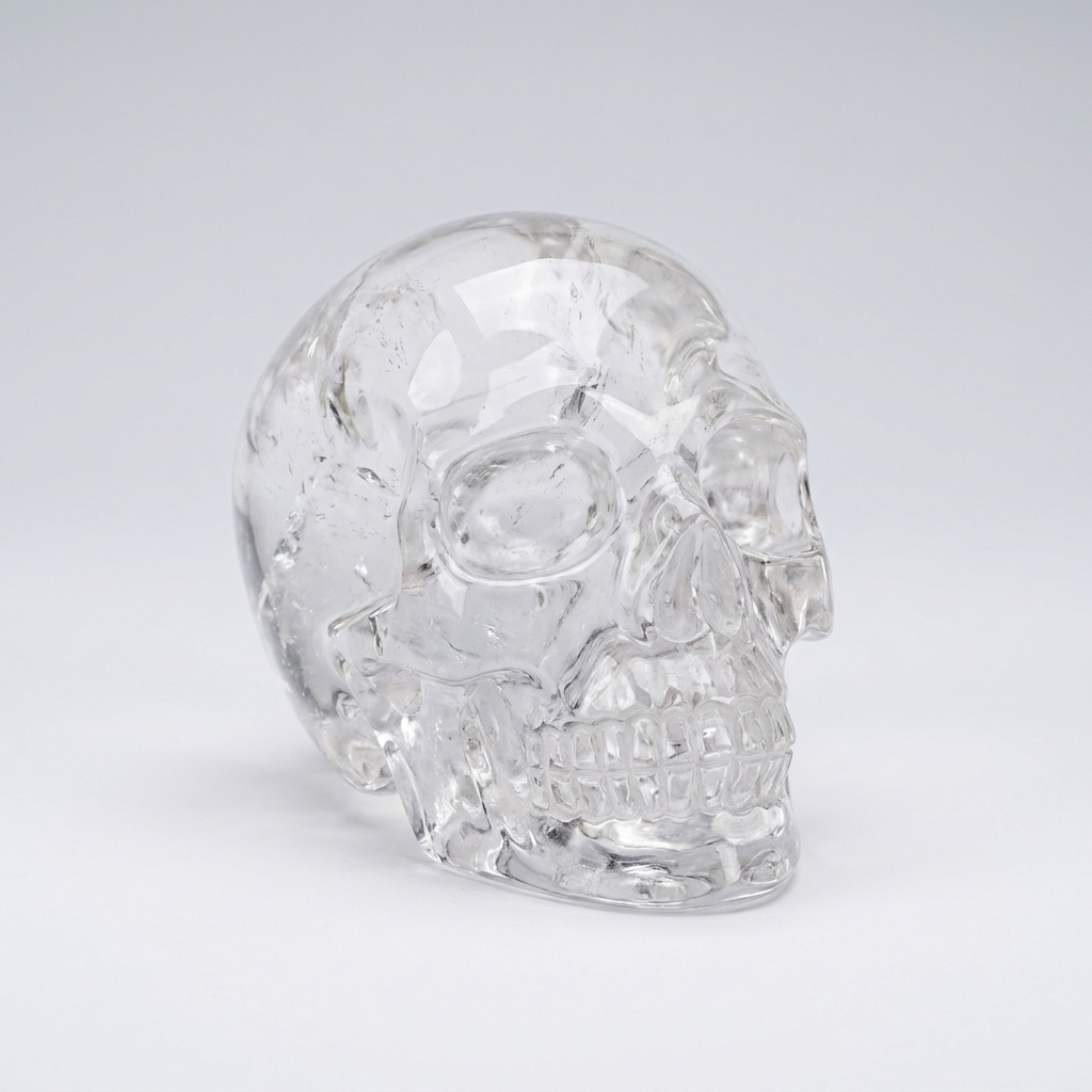 Carved clear quartz crystal skull – representative image; each natural stone varies slightly in clarity