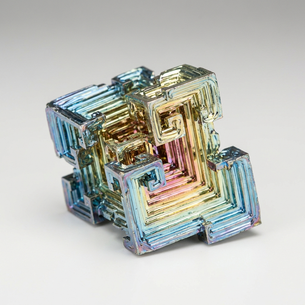 Lab-grown rainbow bismuth crystal – representative image; each lab-grown piece varies in colour and form