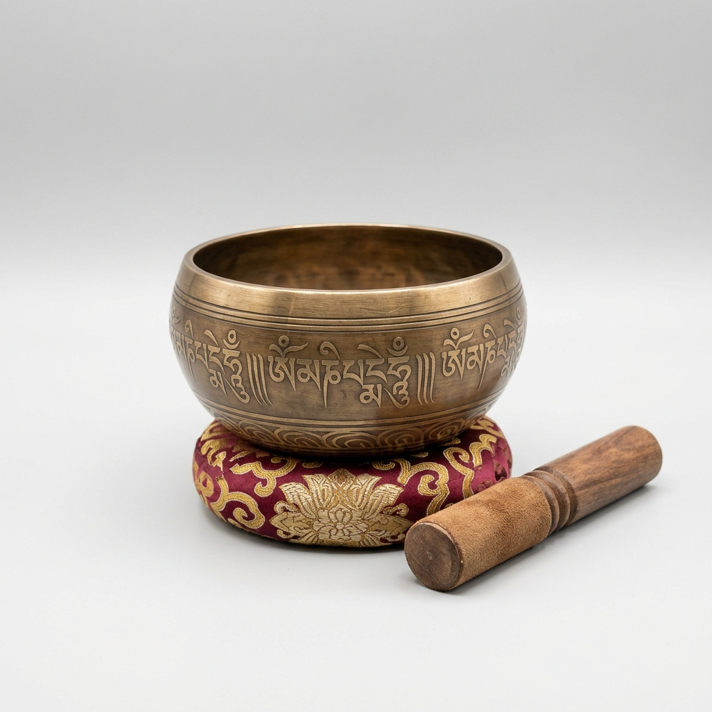 Tibetan singing bowl with striker and cushion – representative image; hand-finished, tone varies