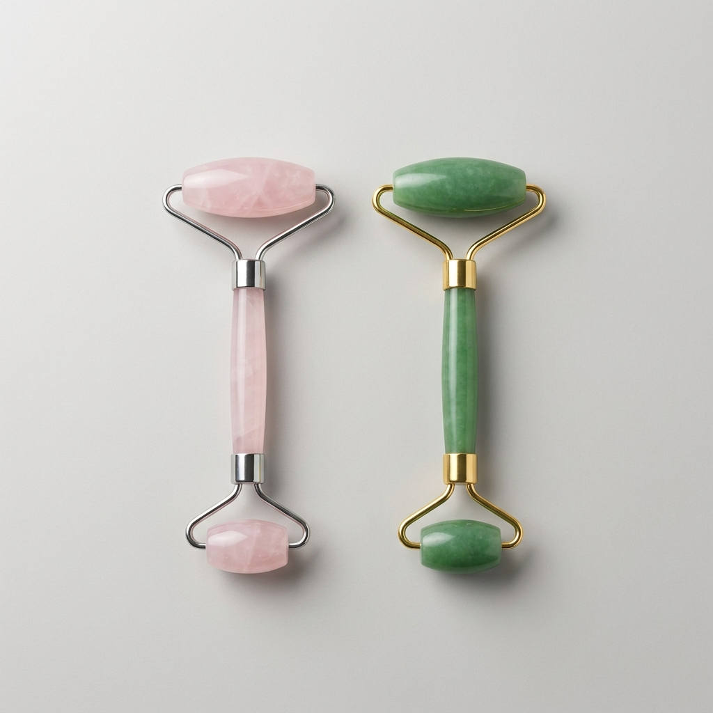 Rose quartz and green jade crystal face rollers – representative image; natural stone varies