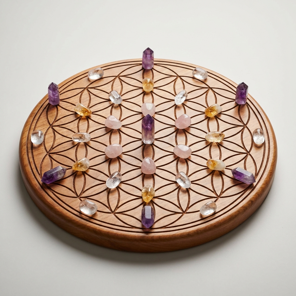 Sacred geometry crystal grid board with crystals – representative image; natural crystals vary