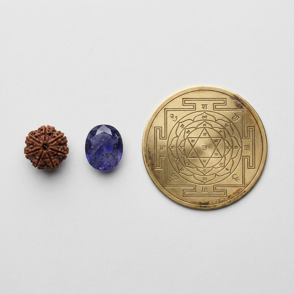 Shani Sade Sati Relief Kit – 7 mukhi rudraksha, iolite and Shani yantra; representative image, kit contents vary slightly