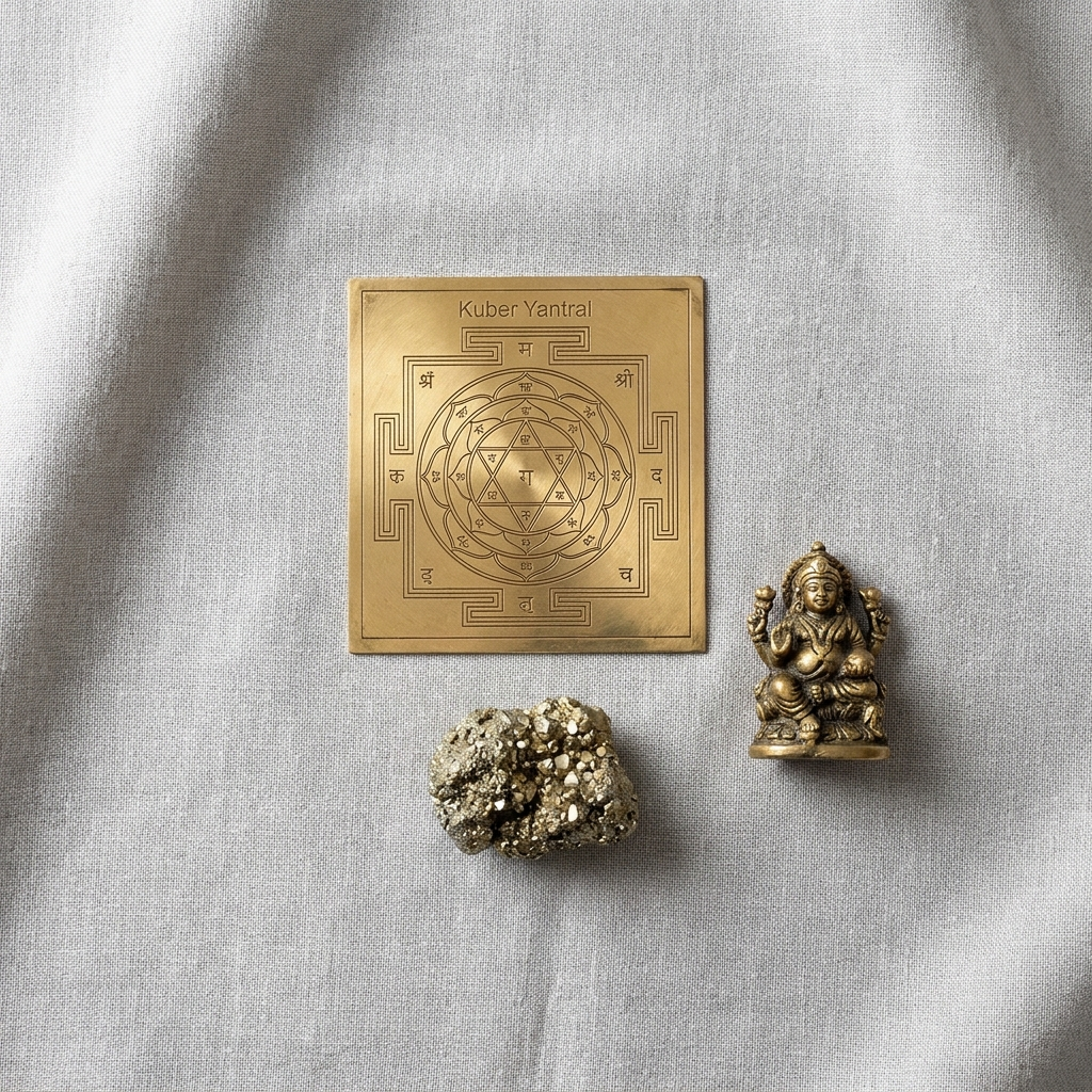 Dukaan & Office Wealth Kit – Kuber yantra, Vyapar Vriddhi yantra and pyrite; representative image, kit contents vary slightly