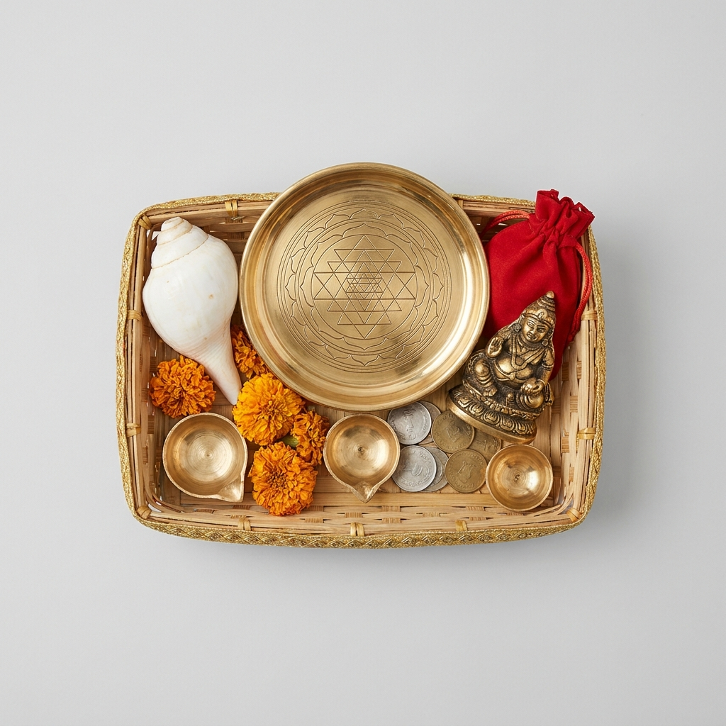 Dhanteras Lakshmi Pujan Hamper – Shree Yantra, Dakshinavarti Shankh and Kuber; representative image, hamper contents vary slightly
