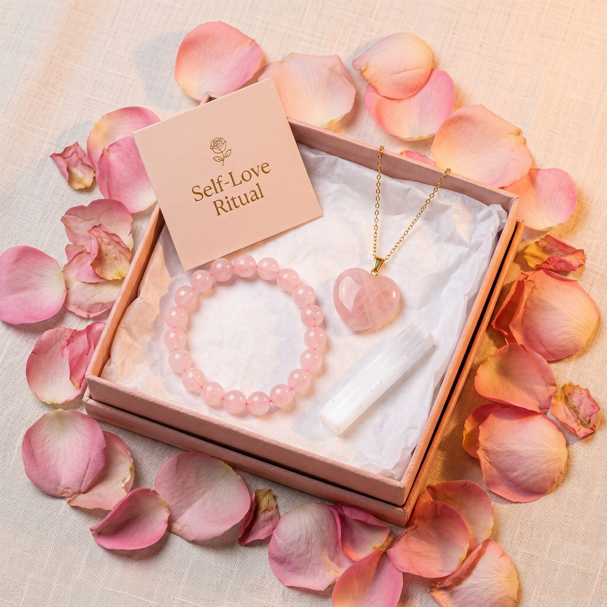The Gift of Love Set — Rose Quartz bracelet, heart pendant & selenite gift box — Horocosmo
